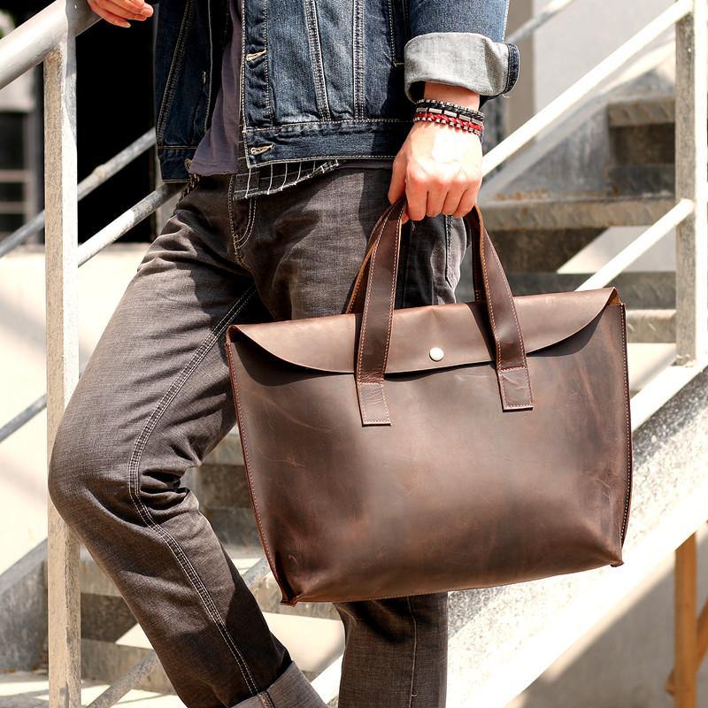 Vintage Dark Brown Mens Leather Briefcase Work Handbag Brown 15'' Computer Briefcases For Men