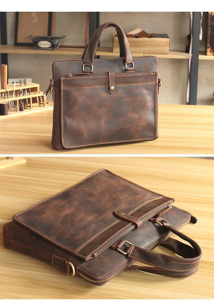 Vintage Dark Brown Mens Leather Briefcase Work Handbags Black 14'' Computer Briefcases For Men