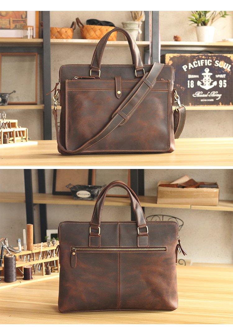 Vintage Dark Brown Mens Leather Briefcase Work Handbags Black 14'' Computer Briefcases For Men