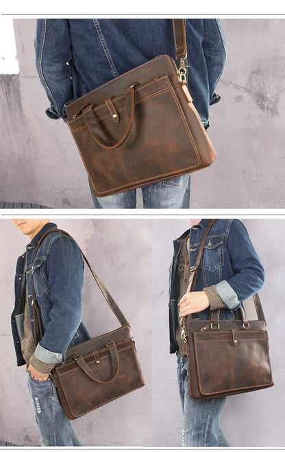 Vintage Dark Brown Mens Leather Briefcase Work Handbags Black 14'' Computer Briefcases For Men