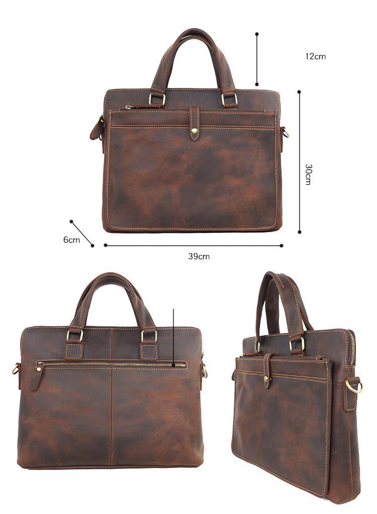 Vintage Dark Brown Mens Leather Briefcase Work Handbags Black 14'' Computer Briefcases For Men