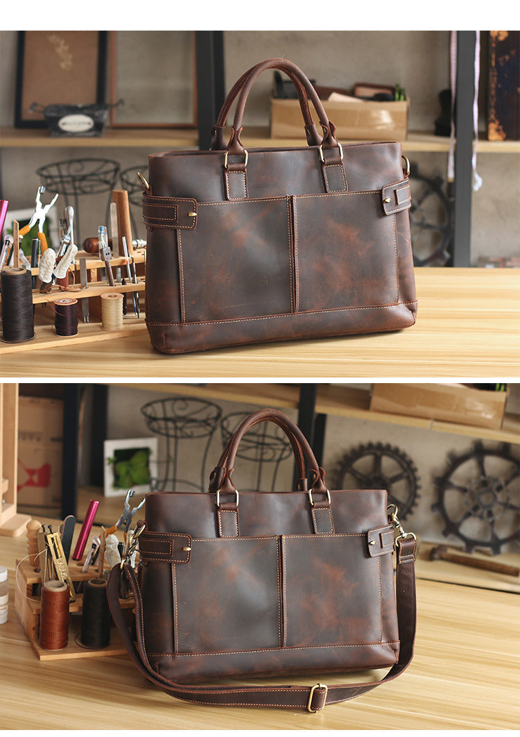 Vintage Dark Brown Mens Leather Briefcase Work Handbags Brown 14'' Computer Briefcase For Men