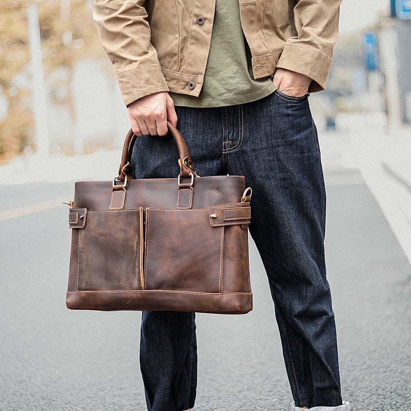 Vintage Dark Brown Mens Leather Briefcase Work Handbags Brown 14'' Computer Briefcase For Men