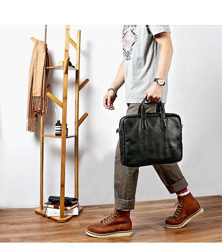 Vintage Coffee Mens Leather Briefcase Work Handbag Black 14'' Laptop Briefcases For Men