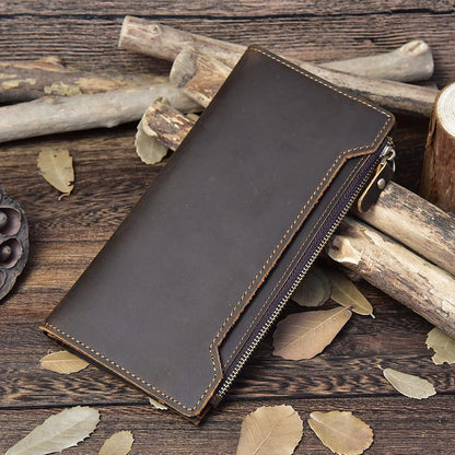 Vintage Leather Mens Cool Long Wallet Cool Bifold Long Wallet for Men