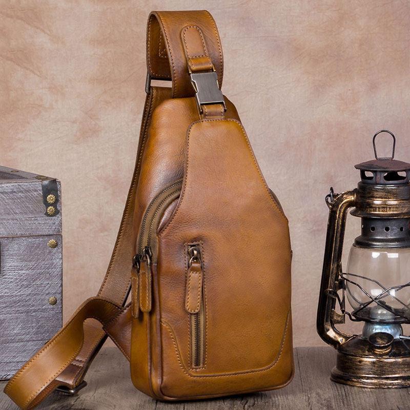 Vintage Leather Mens Sling Bag Crossbody Bag Chest Bag for men