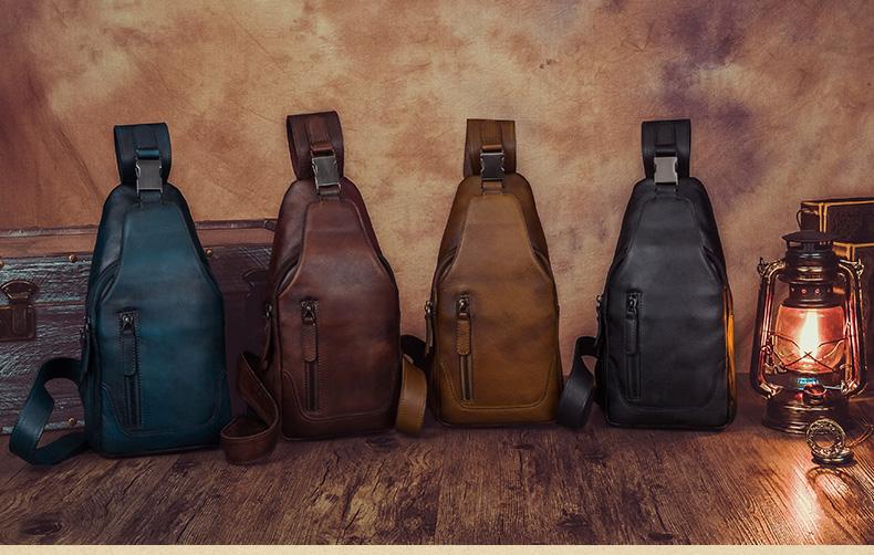 Vintage Leather Mens Sling Bag Crossbody Bag Chest Bag for men