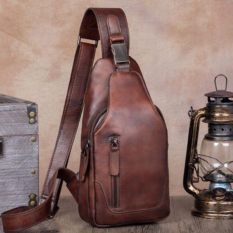 Vintage Leather Mens Sling Bag Crossbody Bag Chest Bag for men