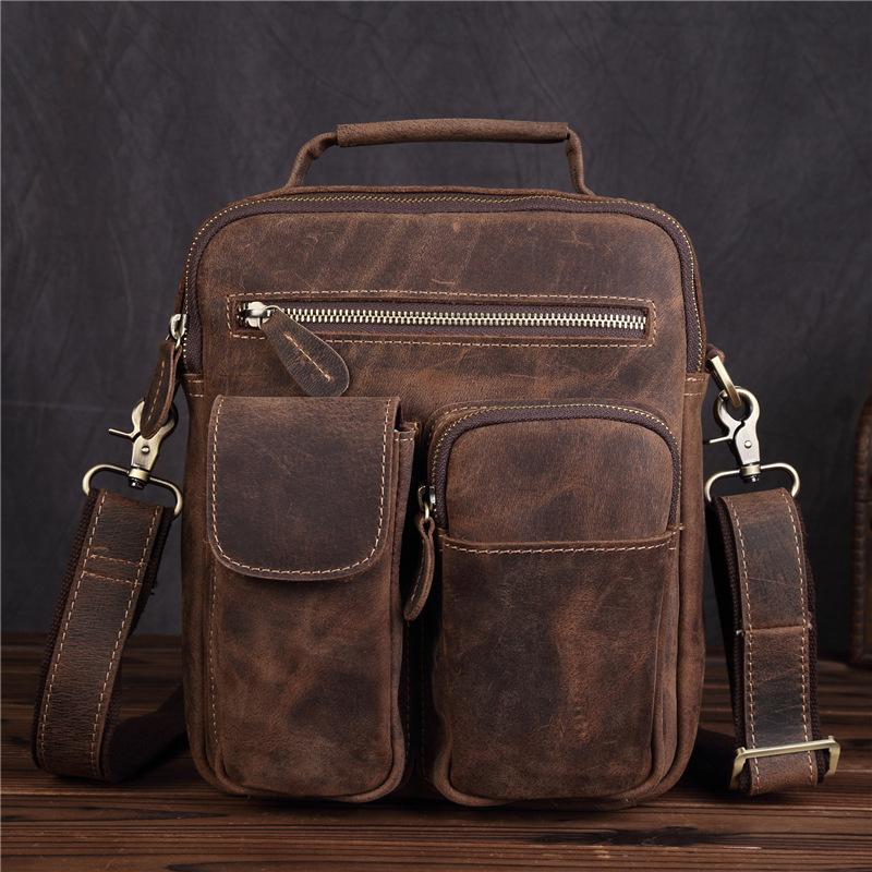 Vintage Leather Small Messenger Bag Shoulder Bag Handbag For Men