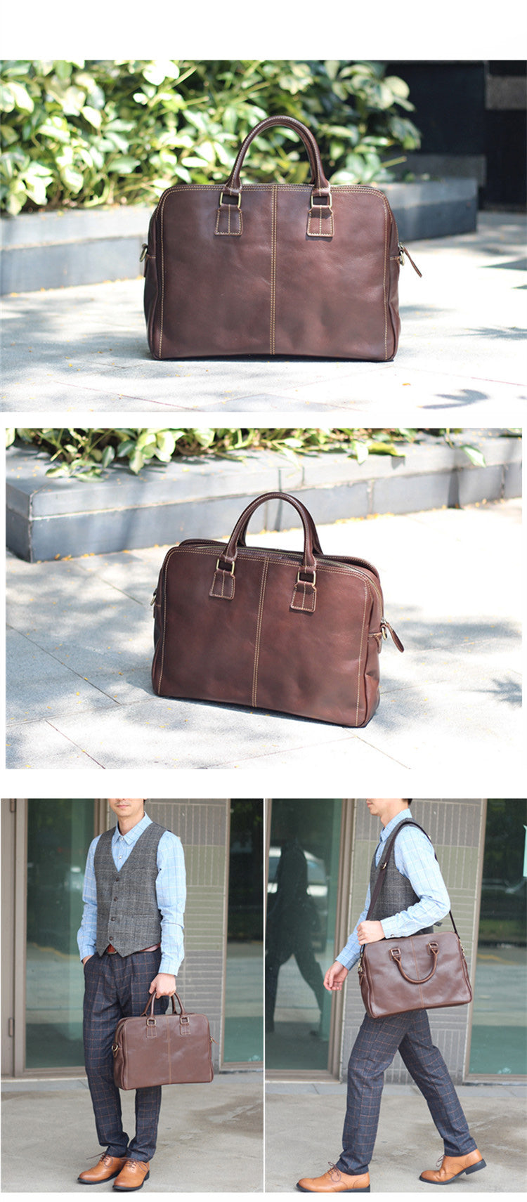 Vintage Brown Mens Leather Briefcase Work Handbag Dark Coffee 14'' Computer Briefcase For Men