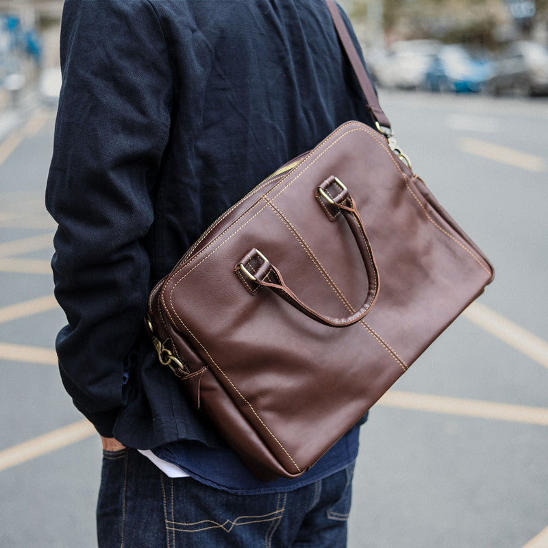 Vintage Brown Mens Leather Briefcase Work Handbag Dark Coffee 14'' Computer Briefcase For Men