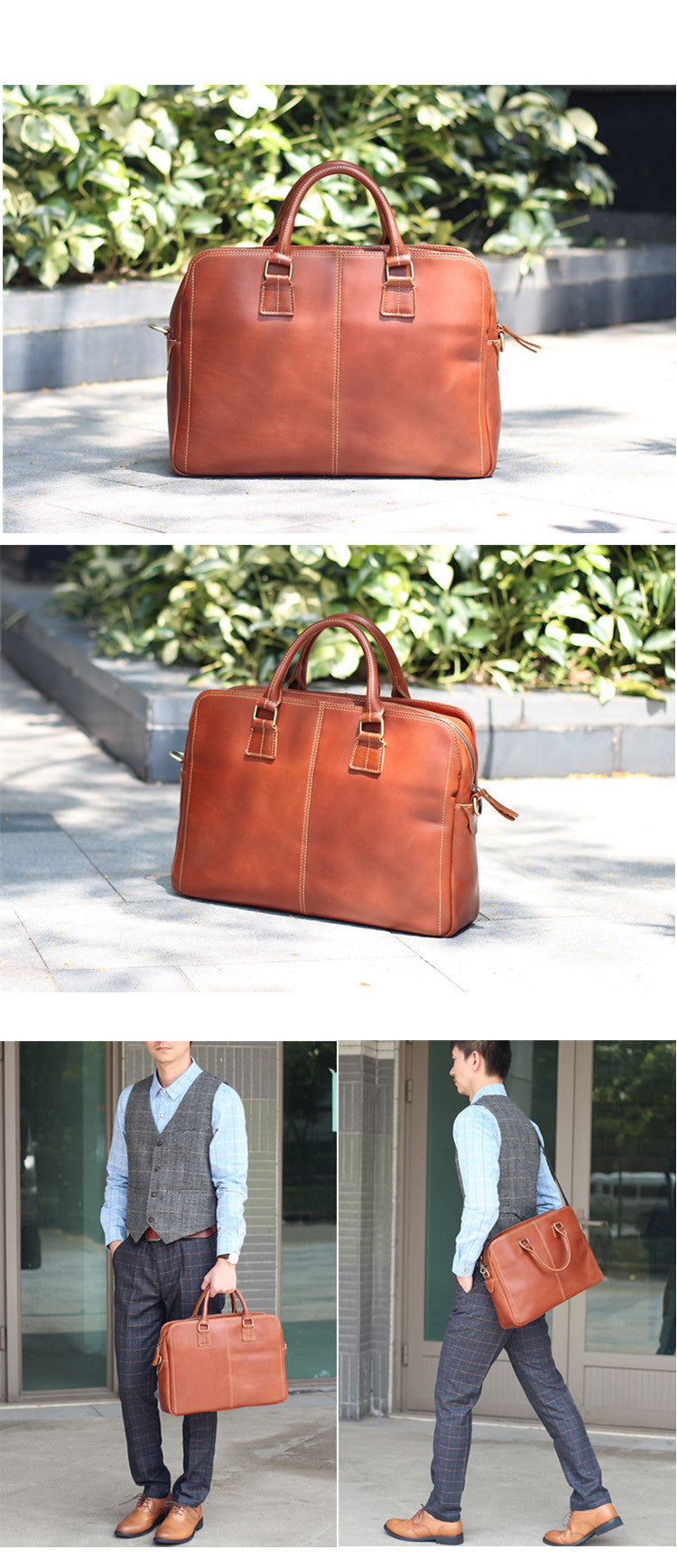 Vintage Brown Mens Leather Briefcase Work Handbag Dark Coffee 14'' Computer Briefcase For Men