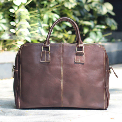 Vintage Brown Mens Leather Briefcase Work Handbag Dark Coffee 14'' Computer Briefcase For Men