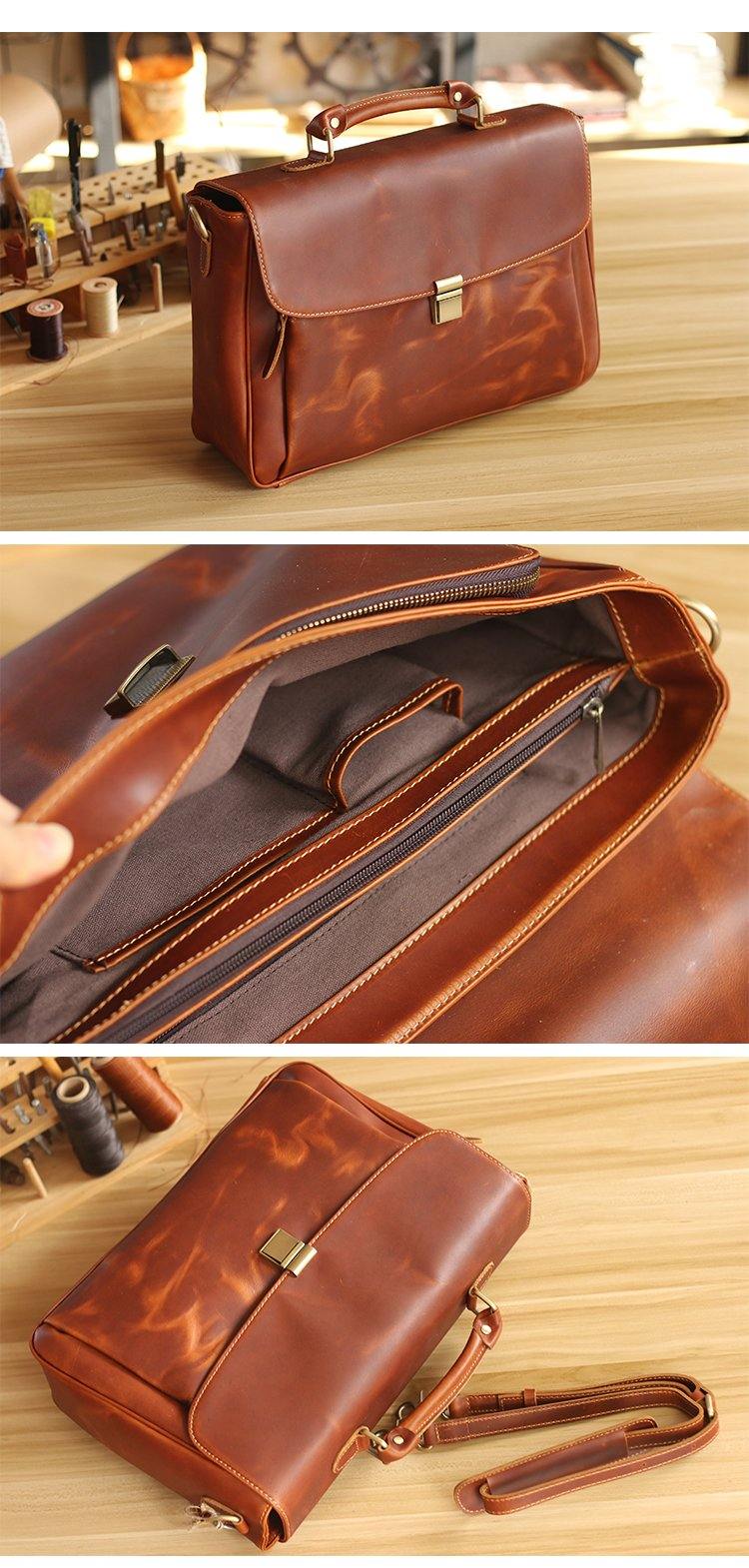 Vintage Light Brown Mens Leather Briefcase Work Handbags Brown 14'' Computer Briefcase For Men