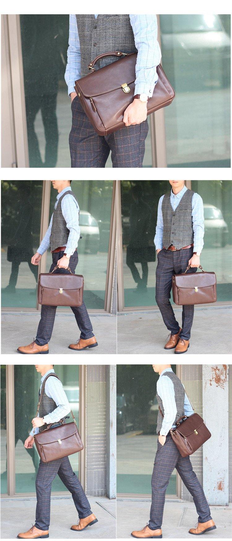 Vintage Light Brown Mens Leather Briefcase Work Handbags Brown 14'' Computer Briefcase For Men