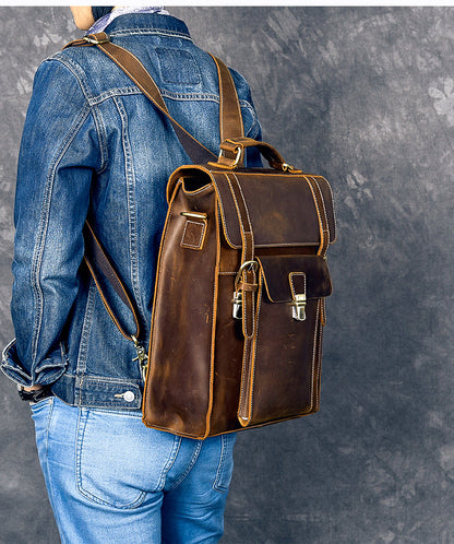 Leather Mens 14' Brown Laptop Backpack Side Bag Backpack College Backpack Handbag for Men