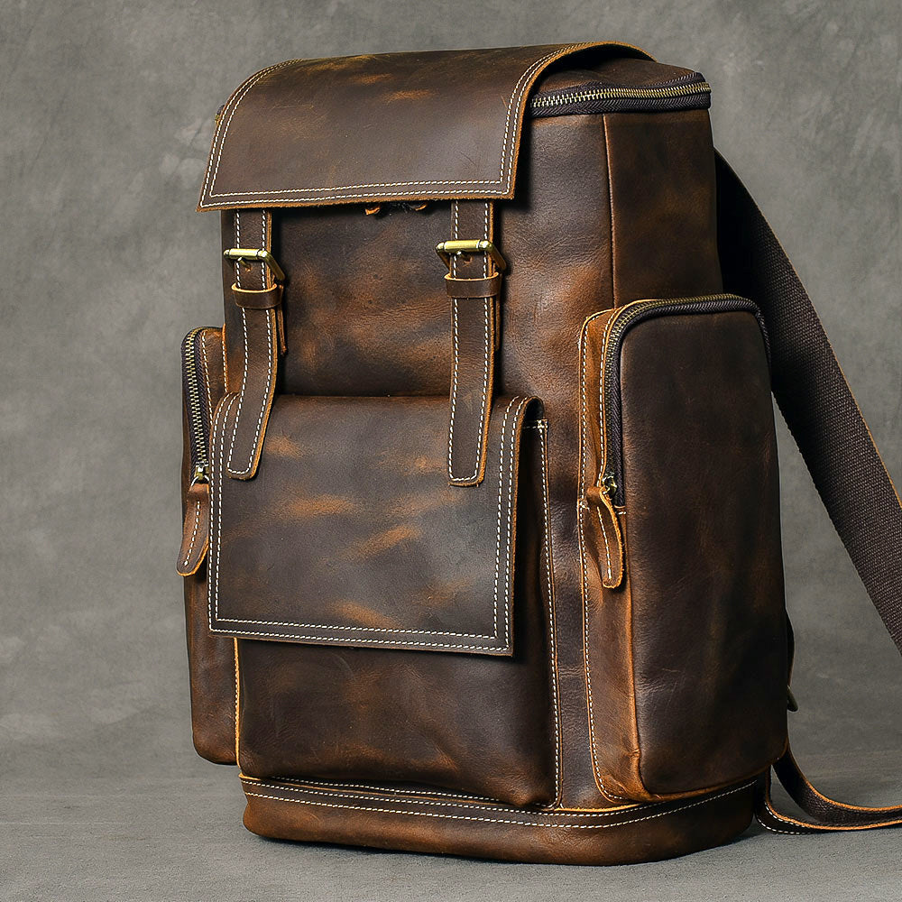 Brown Leather Mens 15' Laptop Backpack Travel Backpack Coffee College Backpack for Men