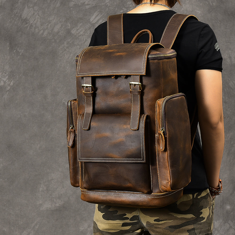 Brown Leather Mens 15' Laptop Backpack Travel Backpack Coffee College Backpack for Men