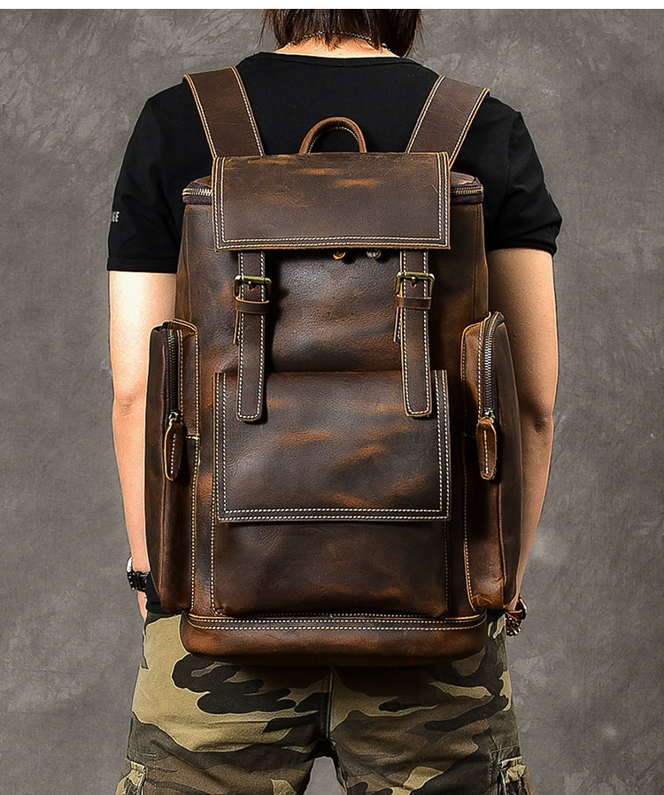 Brown Leather Mens 15' Laptop Backpack Travel Backpack Coffee College Backpack for Men