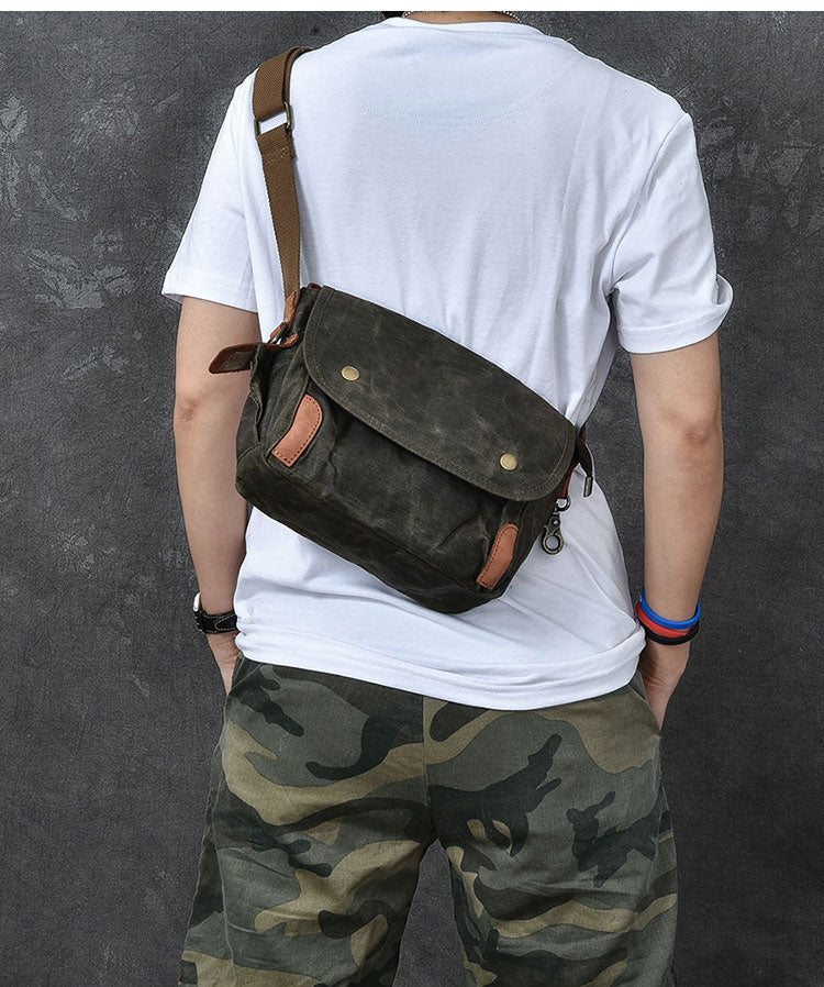 Waxed Canvas Leather Mens Gray Side Bag Khaki Messenger Bag Small Courier Bag For Men