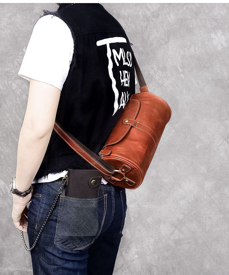 Leather Mens Vintage Brown Side Bag Barrel Messenger Bag Small Bucket Bag For Men