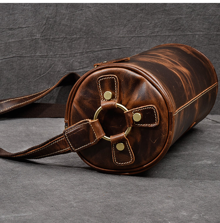 Leather Mens Vintage Brown Side Bag Barrel Messenger Bag Small Bucket Bag For Men