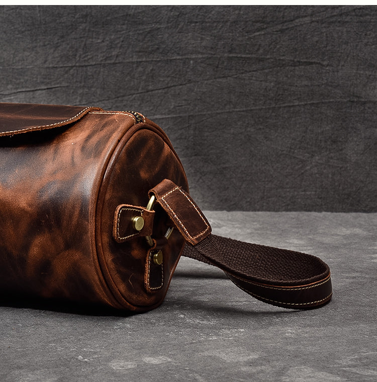 Leather Mens Vintage Brown Side Bag Barrel Messenger Bag Small Bucket Bag For Men