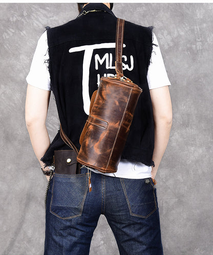 Leather Mens Vintage Brown Side Bag Barrel Messenger Bag Small Bucket Bag For Men