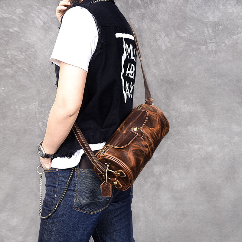 Leather Mens Vintage Brown Side Bag Barrel Messenger Bag Small Bucket Bag For Men