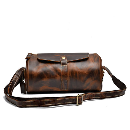 Leather Mens Vintage Brown Side Bag Barrel Messenger Bag Small Bucket Bag For Men