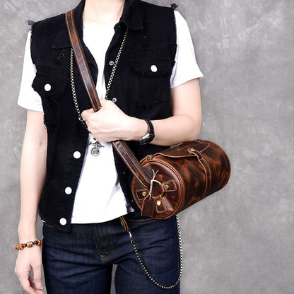 Leather Mens Vintage Brown Side Bag Barrel Messenger Bag Small Bucket Bag For Men