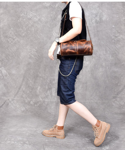 Leather Mens Vintage Brown Side Bag Barrel Messenger Bag Small Bucket Bag For Men