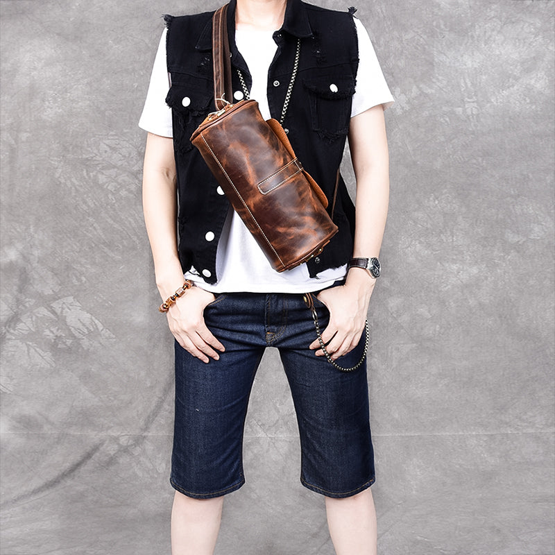 Leather Mens Vintage Brown Side Bag Barrel Messenger Bag Small Bucket Bag For Men