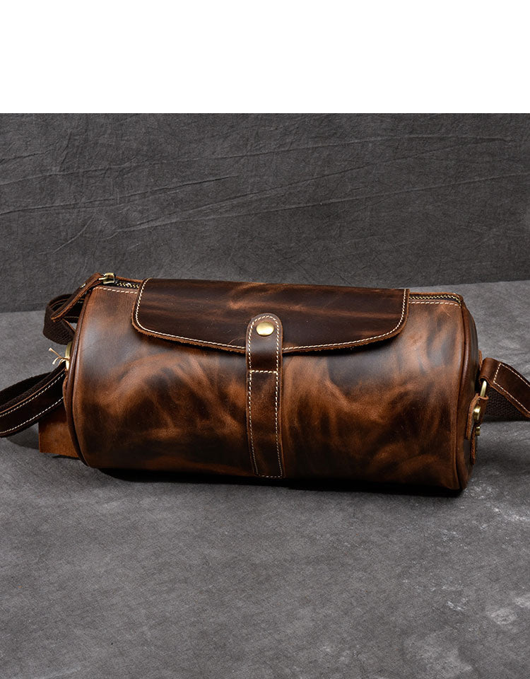 Leather Mens Vintage Brown Side Bag Barrel Messenger Bag Small Bucket Bag For Men