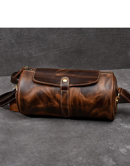 Leather Mens Vintage Brown Side Bag Barrel Messenger Bag Small Bucket Bag For Men