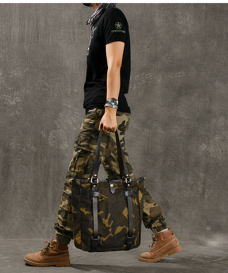 Waxed Canvas Leather Mens Womens 14'' Camouflage Tote Bag Handbag Tote Bag Shoulder Bag Tote Purse For Men