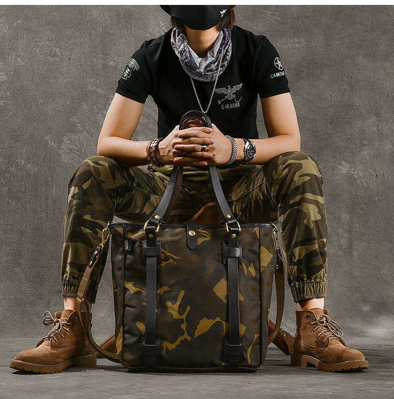 Waxed Canvas Leather Mens Womens 14'' Camouflage Tote Bag Handbag Tote Bag Shoulder Bag Tote Purse For Men