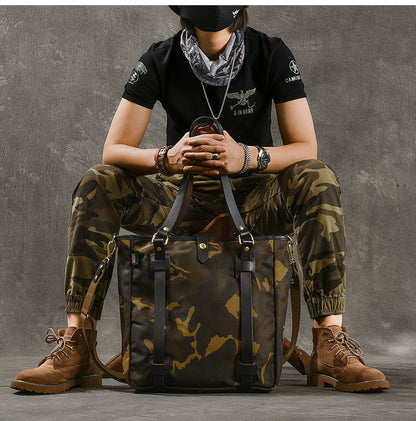 Waxed Canvas Leather Mens Womens 14'' Camouflage Tote Bag Handbag Tote Bag Shoulder Bag Tote Purse For Men