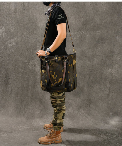 Waxed Canvas Leather Mens Womens 14'' Camouflage Tote Bag Handbag Tote Bag Shoulder Bag Tote Purse For Men