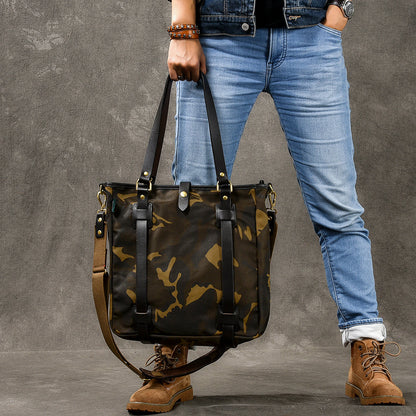 Waxed Canvas Leather Mens Womens 14'' Camouflage Tote Bag Handbag Tote Bag Shoulder Bag Tote Purse For Men