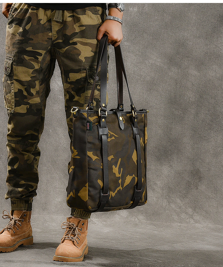 Waxed Canvas Leather Mens Womens 14'' Camouflage Tote Bag Handbag Tote Bag Shoulder Bag Tote Purse For Men