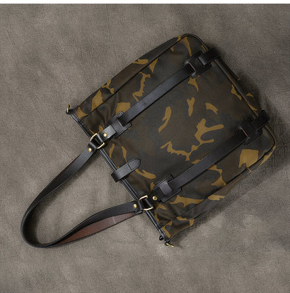 Waxed Canvas Leather Mens Womens 14'' Camouflage Tote Bag Handbag Tote Bag Shoulder Bag Tote Purse For Men