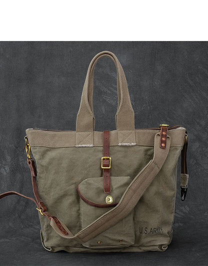 Washed Canvas Leather Mens 15'' Army Green Tote Bag Handbag Tote Bag Light Coffee Shoulder Bag Tote Purse For Men