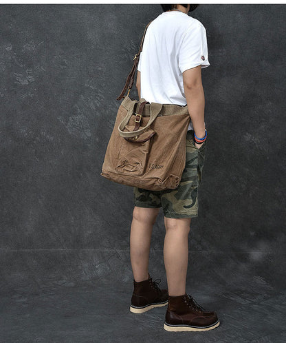 Washed Canvas Leather Mens 15'' Army Green Tote Bag Handbag Tote Bag Light Coffee Shoulder Bag Tote Purse For Men