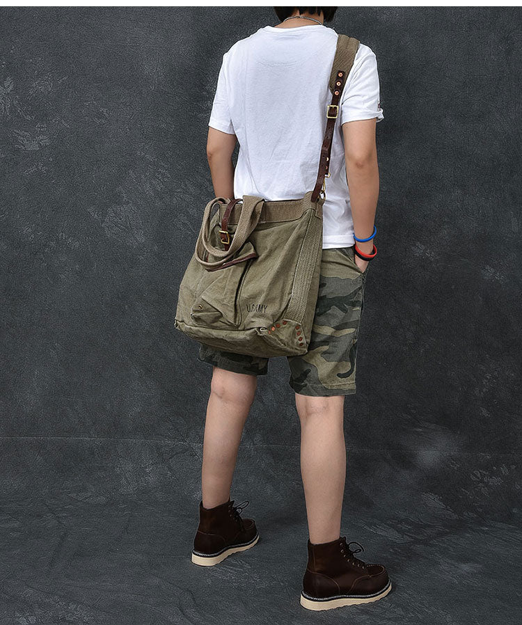 Washed Canvas Leather Mens 15'' Army Green Tote Bag Handbag Tote Bag Light Coffee Shoulder Bag Tote Purse For Men