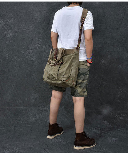 Washed Canvas Leather Mens 15'' Army Green Tote Bag Handbag Tote Bag Light Coffee Shoulder Bag Tote Purse For Men