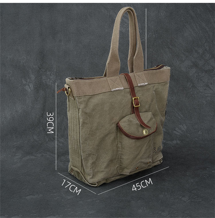 Washed Canvas Leather Mens 15'' Army Green Tote Bag Handbag Tote Bag Light Coffee Shoulder Bag Tote Purse For Men