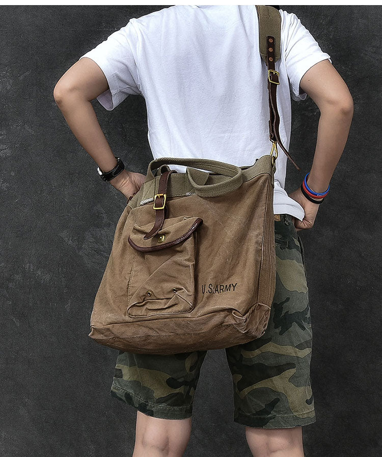 Washed Canvas Leather Mens 15'' Army Green Tote Bag Handbag Tote Bag Light Coffee Shoulder Bag Tote Purse For Men