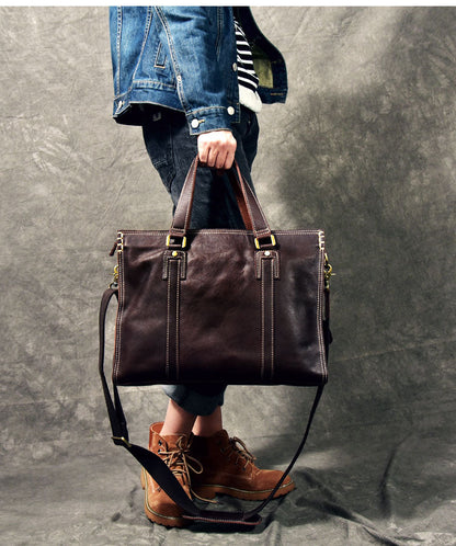 Brown Leather Mens 14' Laptop Briefcase Business Messenger Bag Brown Large Handbag For Men