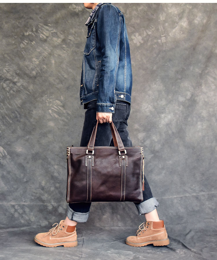 Brown Leather Mens 14' Laptop Briefcase Business Messenger Bag Brown Large Handbag For Men